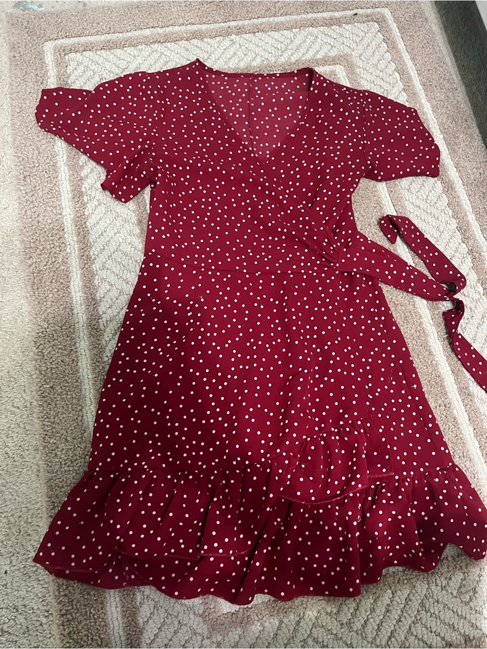 Red Polka Dot Wrap Dress with Ruffle Hem